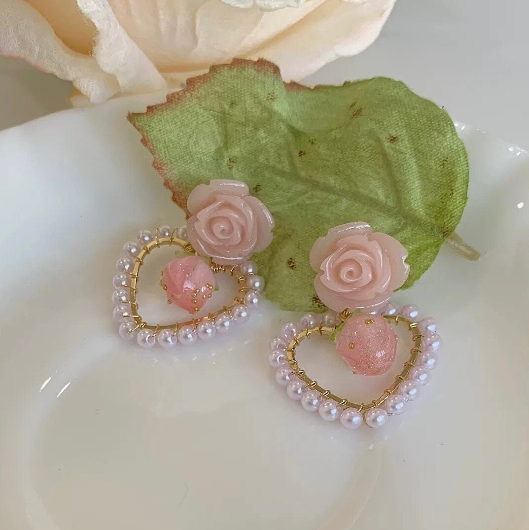New Y2k Pink Flower Heart Shiny Zircon Hoop Earrings Set For Women
