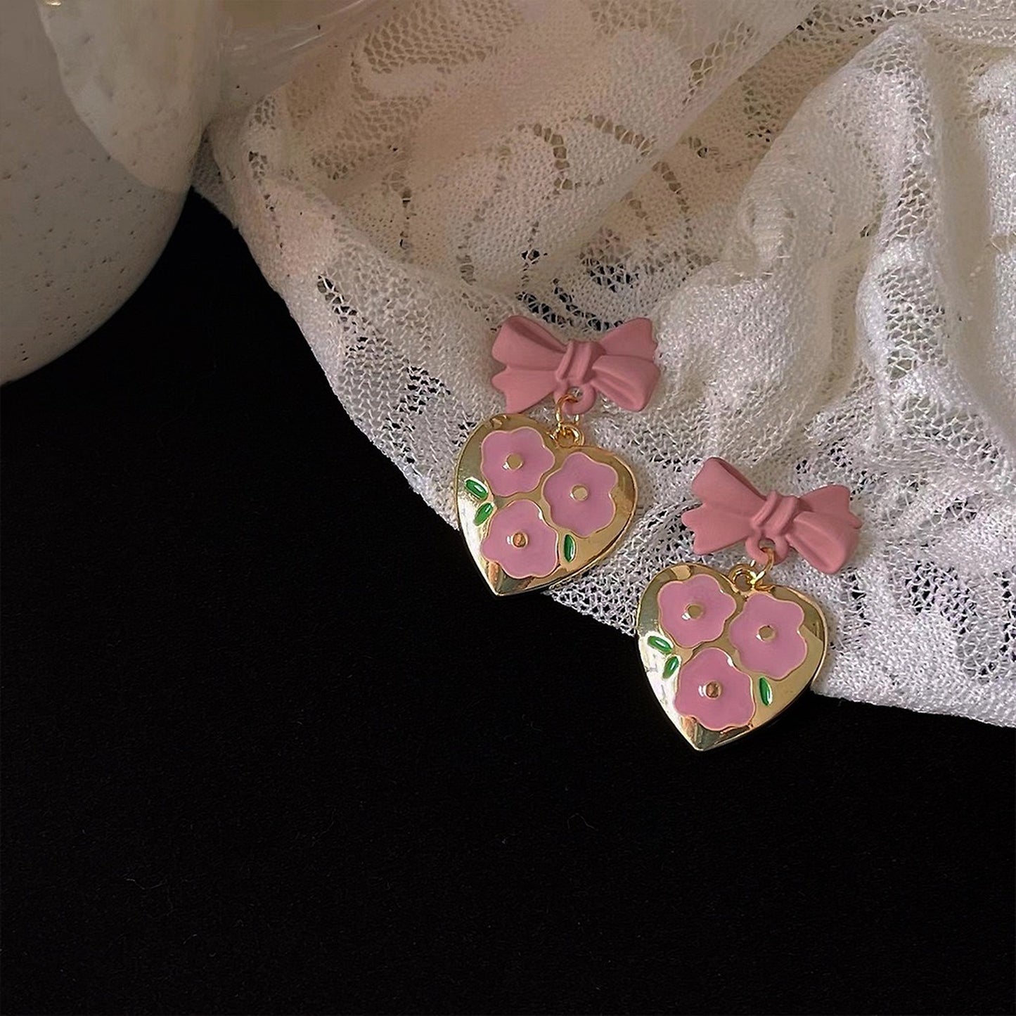 Pink Ribbon Bow Earrings, Gold Heart Dangle Earrings, Tulip Flower Earrings, Girly Princess Fairy Earrings, Floral Engraved Jewelry, Y2K