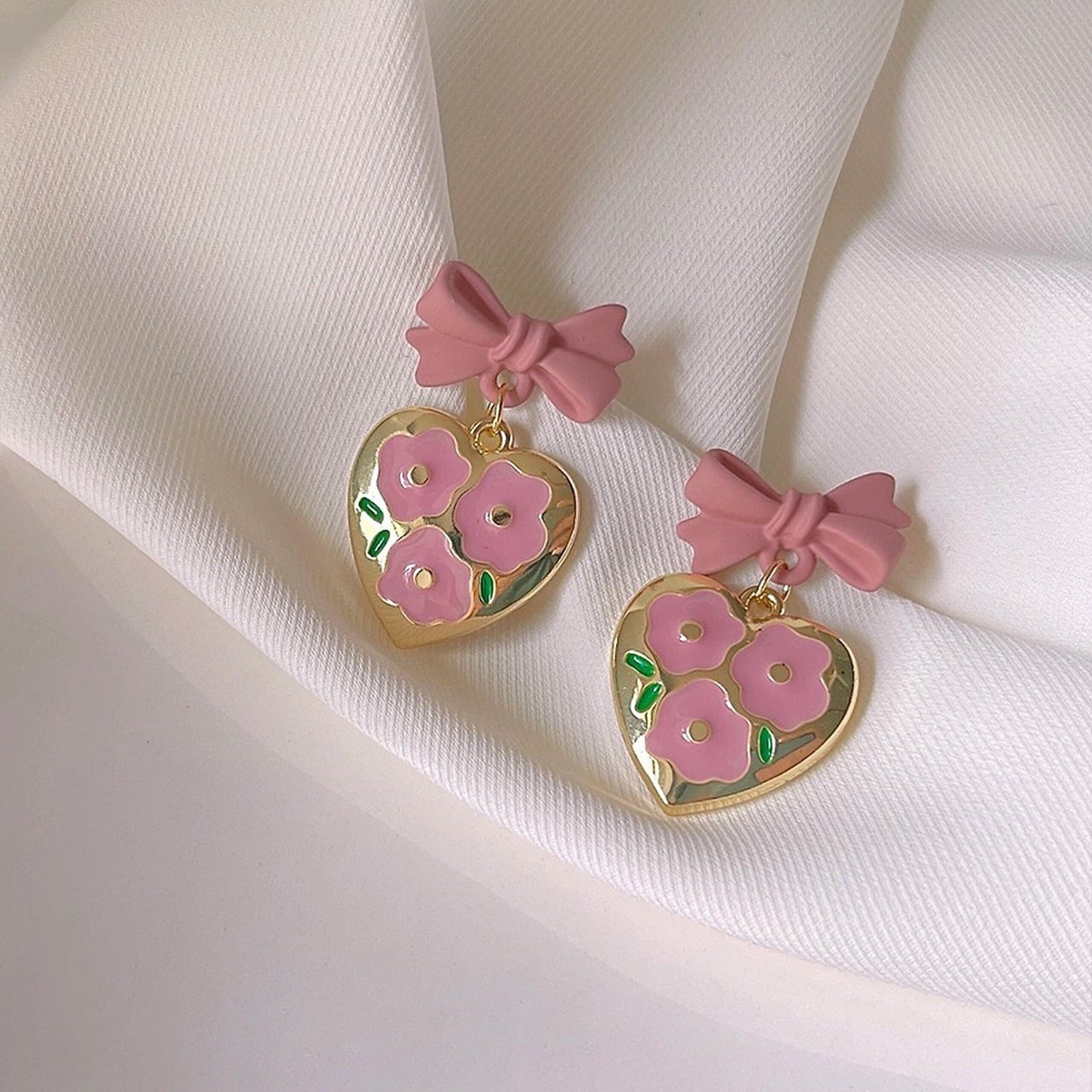 Pink Ribbon Bow Earrings, Gold Heart Dangle Earrings, Tulip Flower Earrings, Girly Princess Fairy Earrings, Floral Engraved Jewelry, Y2K
