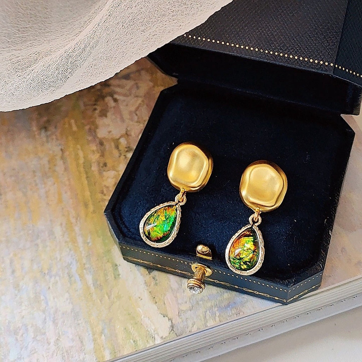 Vintage Style Teardrop Earrings, Green Earrings, Iridescent Jewelry, Shell Earrings, Antique Gold Earrings, Unique Earrings, Handmade Gifts