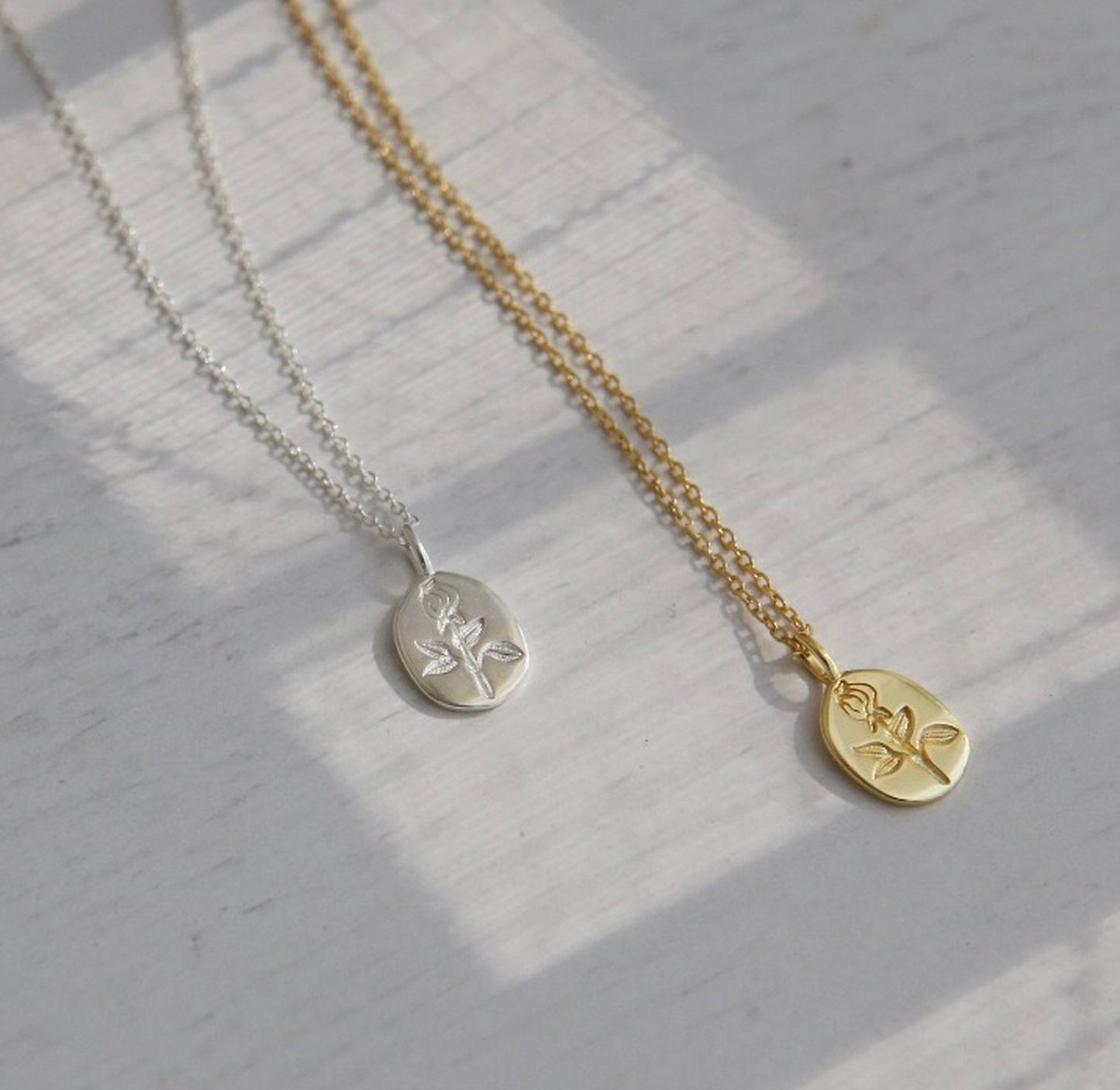 Handmade engraved flower necklace, Locket pendant layering necklace, Gold silver signet necklace, Birth flower charm necklace, Dainty gifts