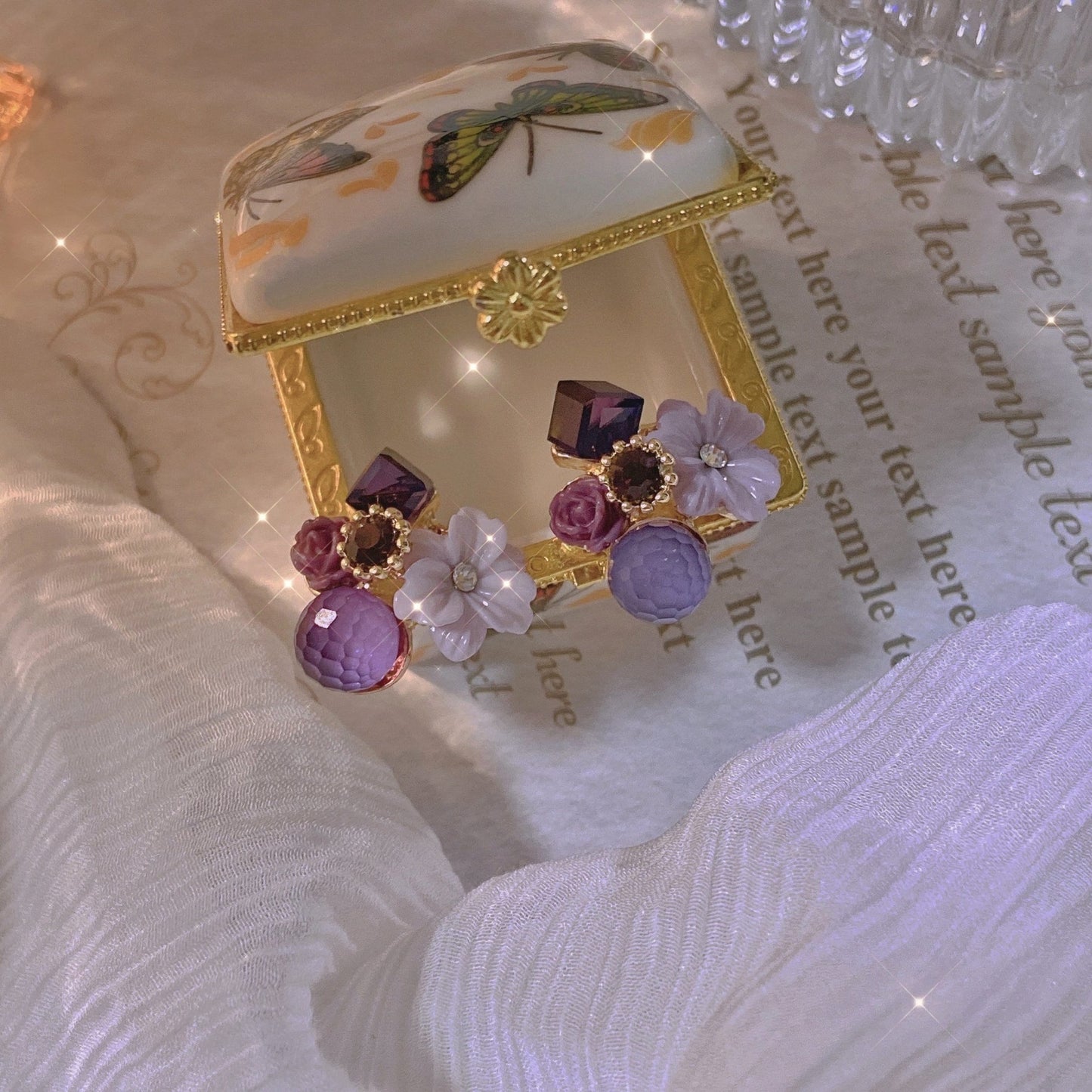 Purple Floral Earrings, Flower Wreath Earrings, Healing Crystal Earrings, Cluster Earrings, Bohemian Jewelry, Violet Earrings, Gifts for Her