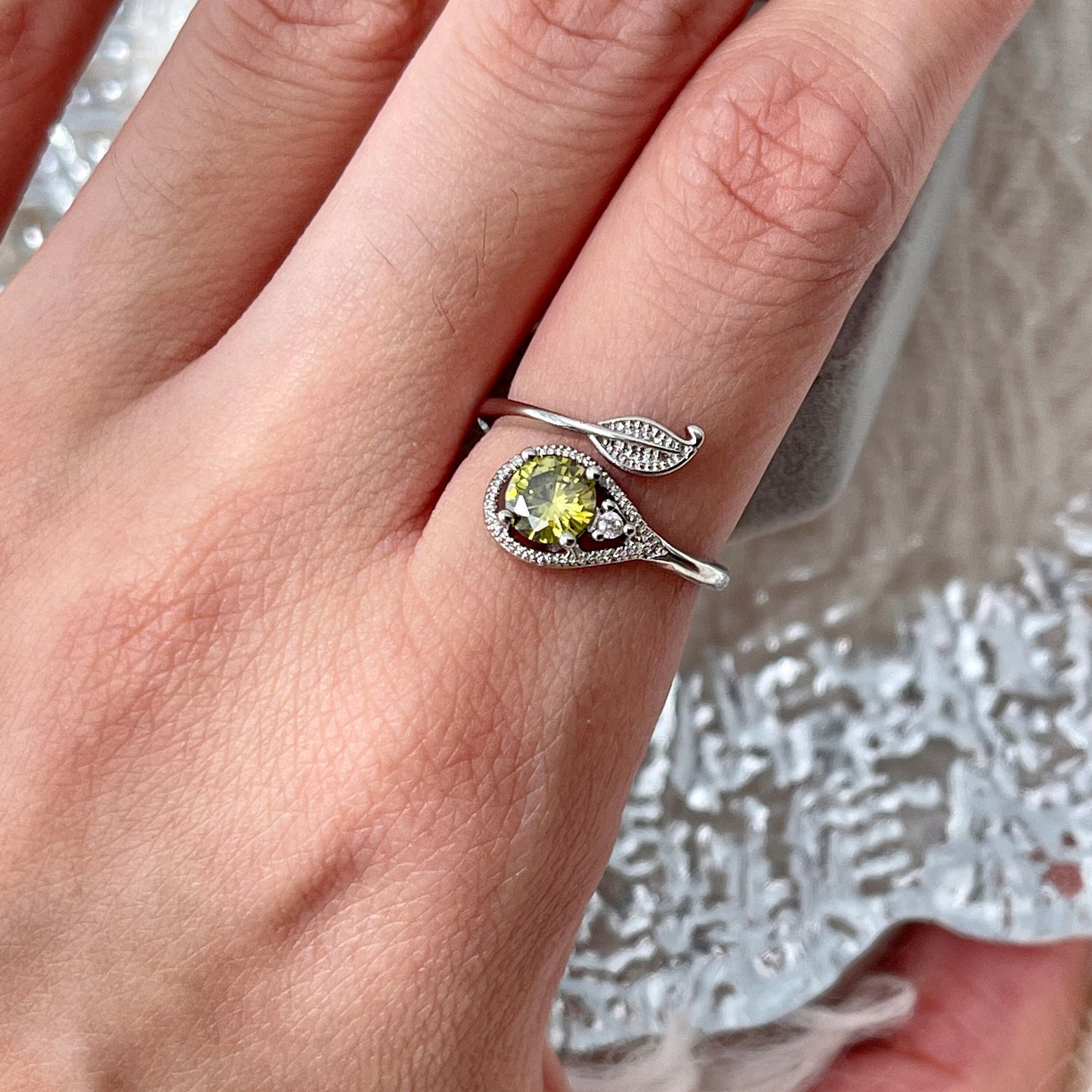 Olive green ring, Leaf vine ring, Lemon green ring, Uniuqe promise ring, Olive crystal ring, Round solitaire ring,Birthday Anniversary Gift