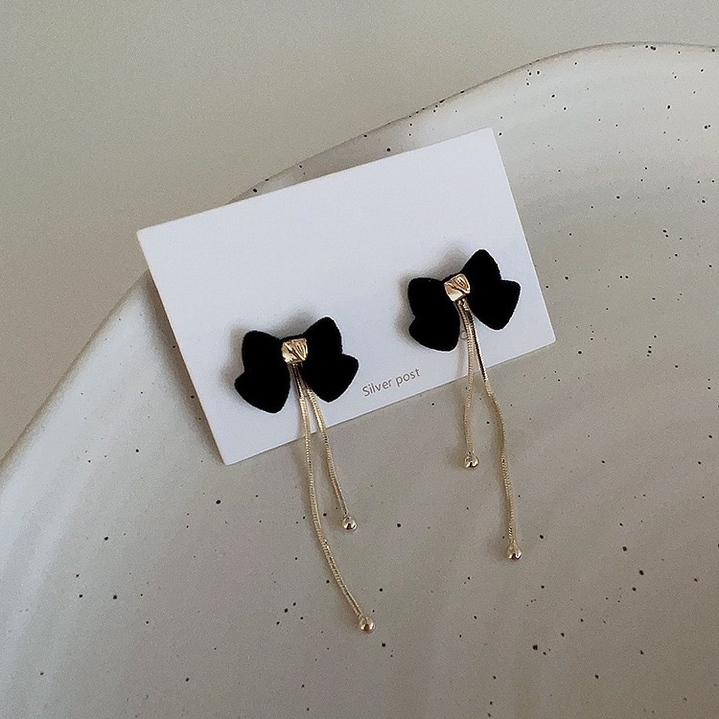 Cute black bow ribbon earrrings, Handmade 2-Way black velvet bow earrings, Small black bow knot earrings, Elegant gold tassel earrings, Gift