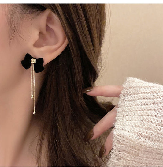 Cute black bow ribbon earrrings, Handmade 2-Way black velvet bow earrings, Small black bow knot earrings, Elegant gold tassel earrings, Gift