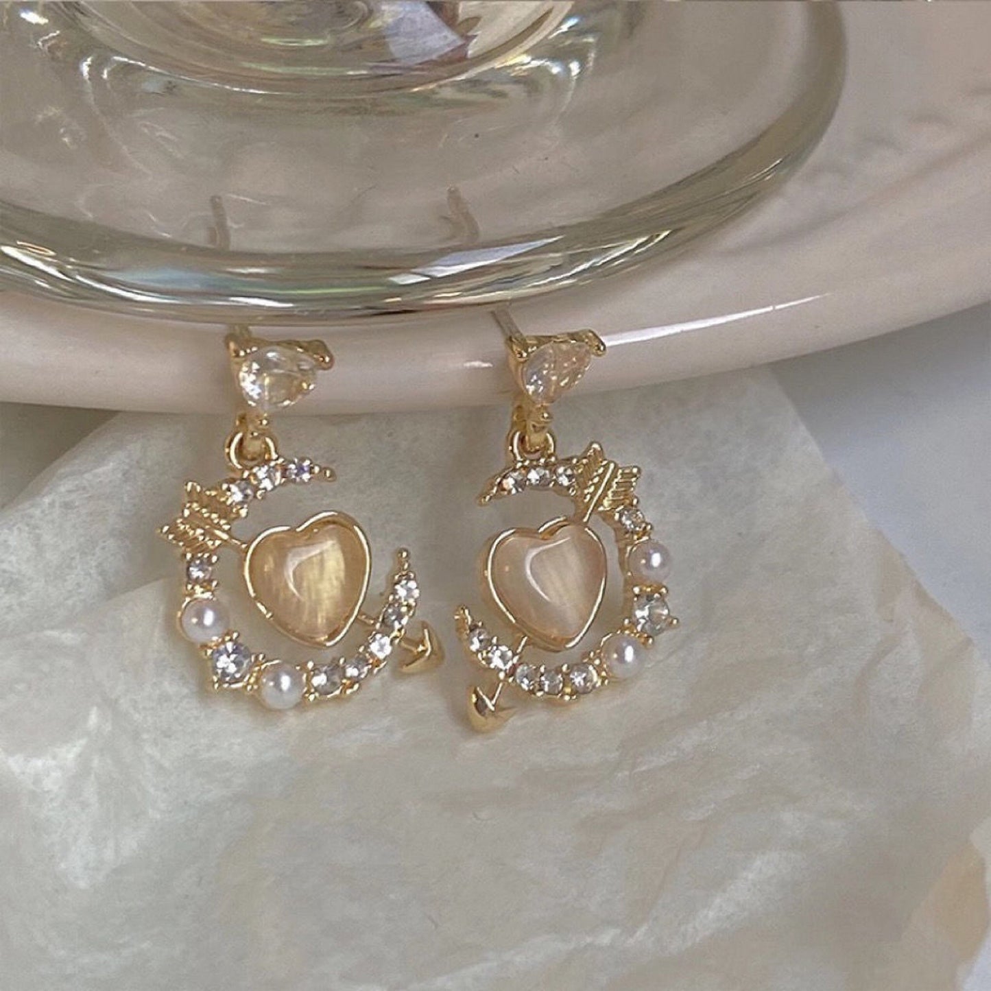 Sailor moon earrings, Cute romantic heart earrings, Preppy Y2K jewelry, Cupid love earrings, Gold lace earrings, Moon drop earrings, Fairy