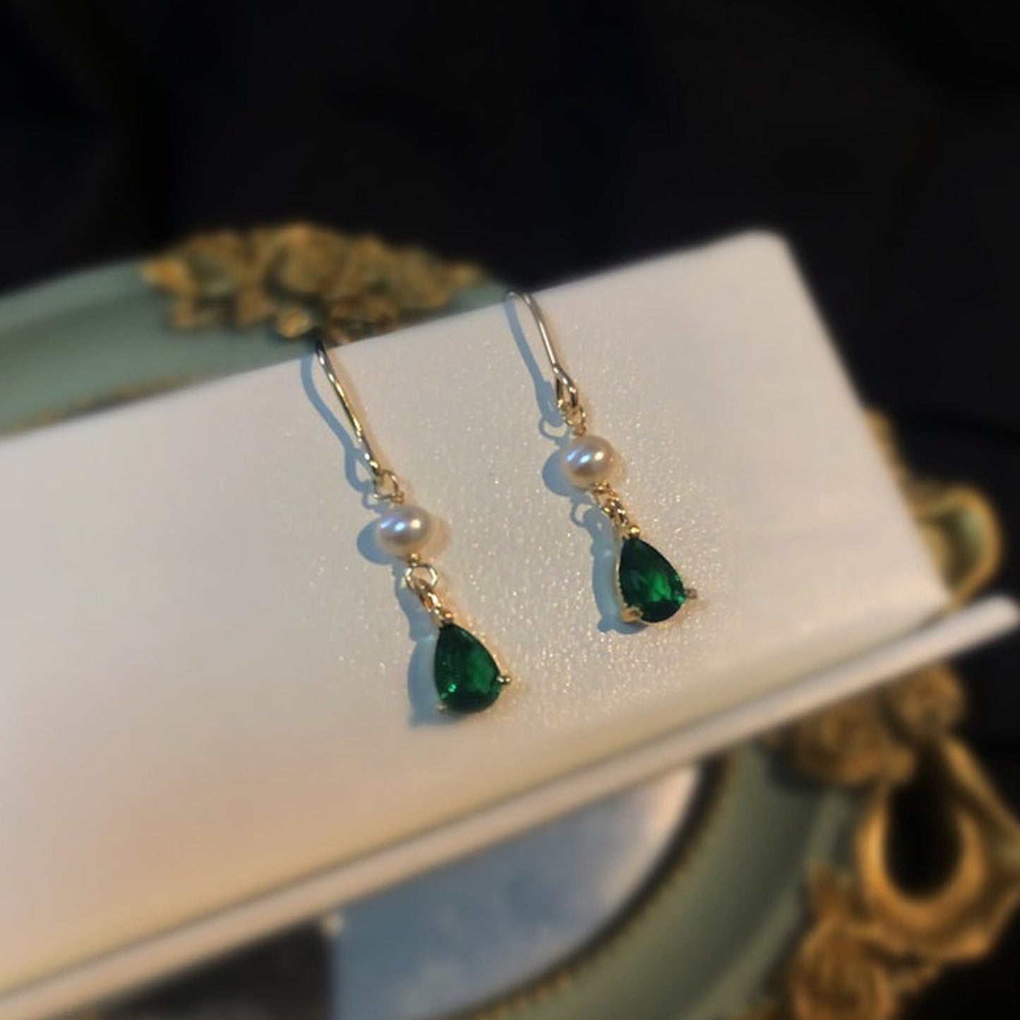 Handmade Emerald Green Earrings, Teardrop Emerald Pearl Earrings, Gold Emerald Bridesmaid Wedding Earrings, Elegant Jewelry Gift, Delicate