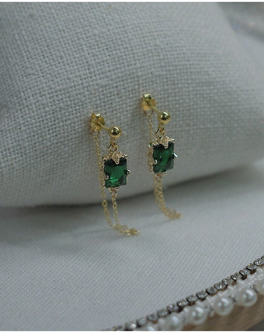 Green Emerald|Black Gemstone Earrings, Interlocking Earrings, 14K Gold Link Chain Cuff Earrings, Threader Earrings, Gothic Vintage Earrings