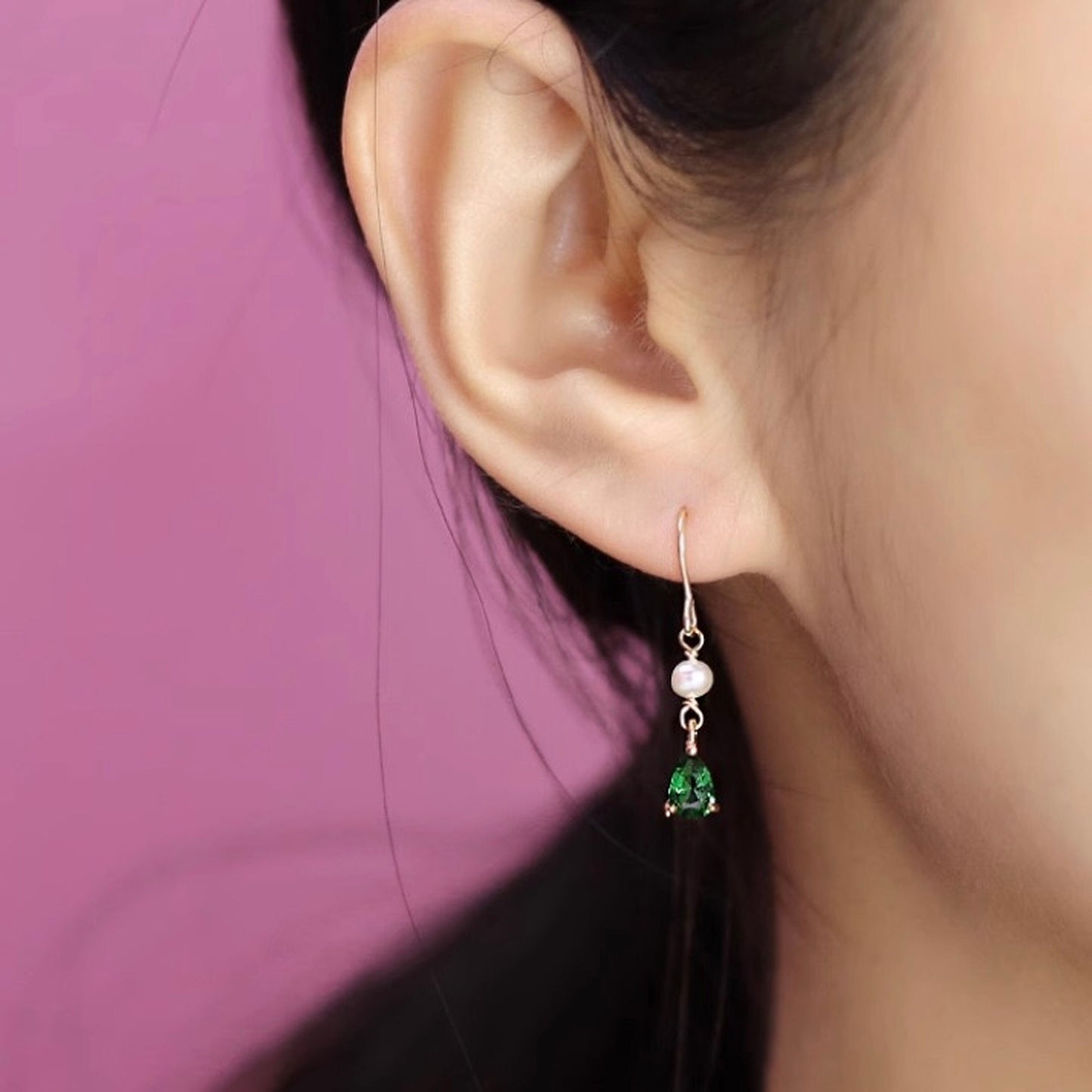 Handmade Emerald Green Earrings, Teardrop Emerald Pearl Earrings, Gold Emerald Bridesmaid Wedding Earrings, Elegant Jewelry Gift, Delicate