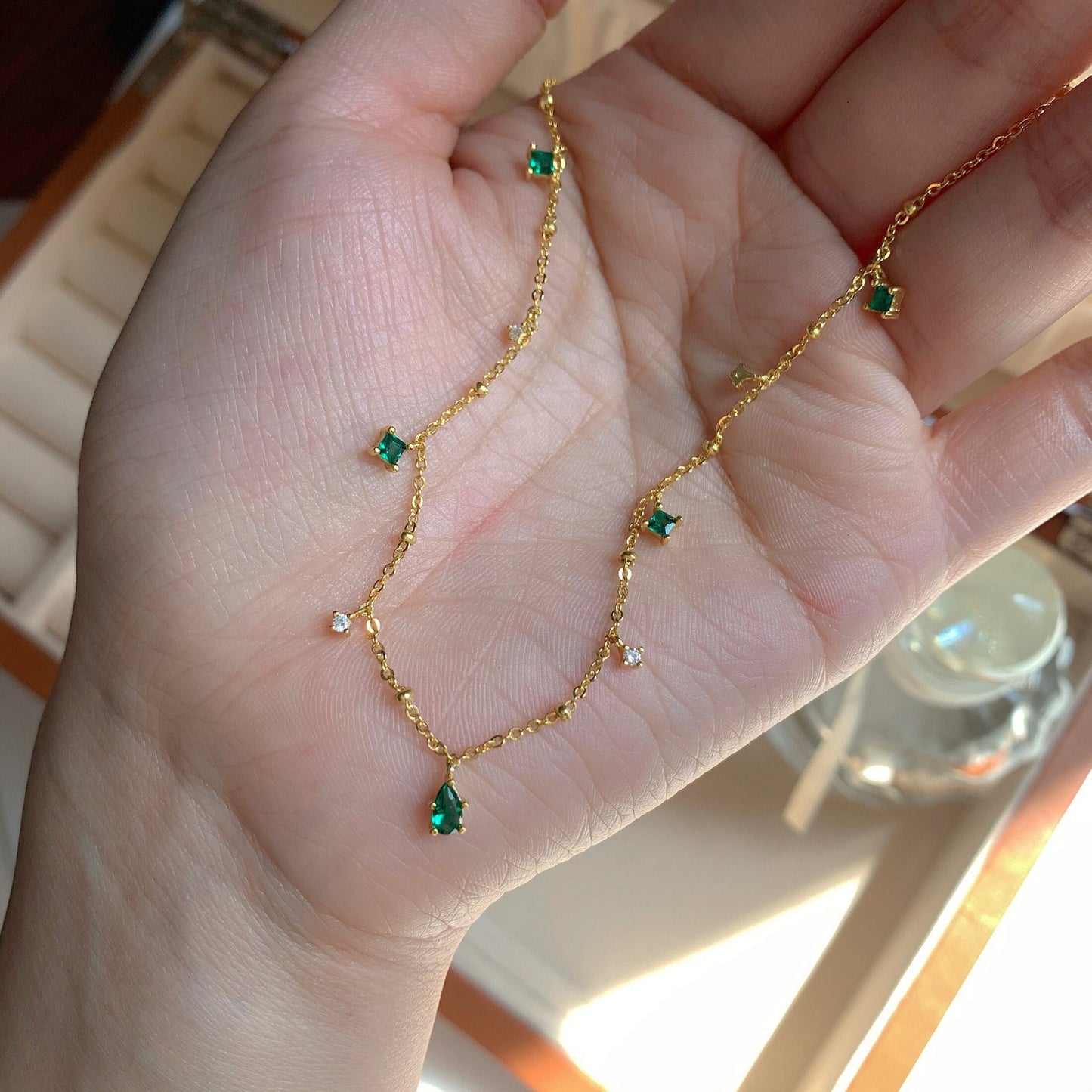 Emerald Droplet Necklace, Multi Drop Necklace, Emerald Green Charm Necklace, Layering 14K Gold-filled/925 Silver Necklace, Handmade Gifts